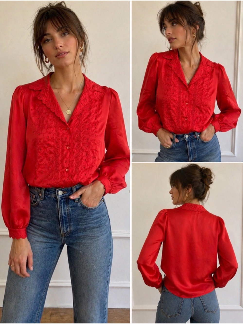 Vintage 80s Red Embroidered Blouse Eyelet Lace Romantic Sezane Style French Top